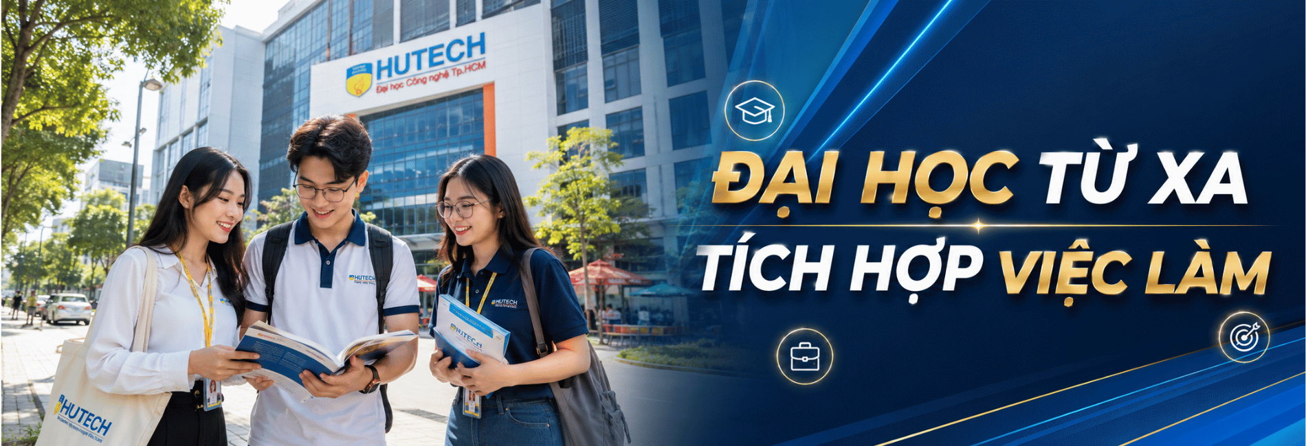 Đại học từ xa tích hợp việc làm – sinh viên trao đổi bài học trước khuôn viên trường HUTECH