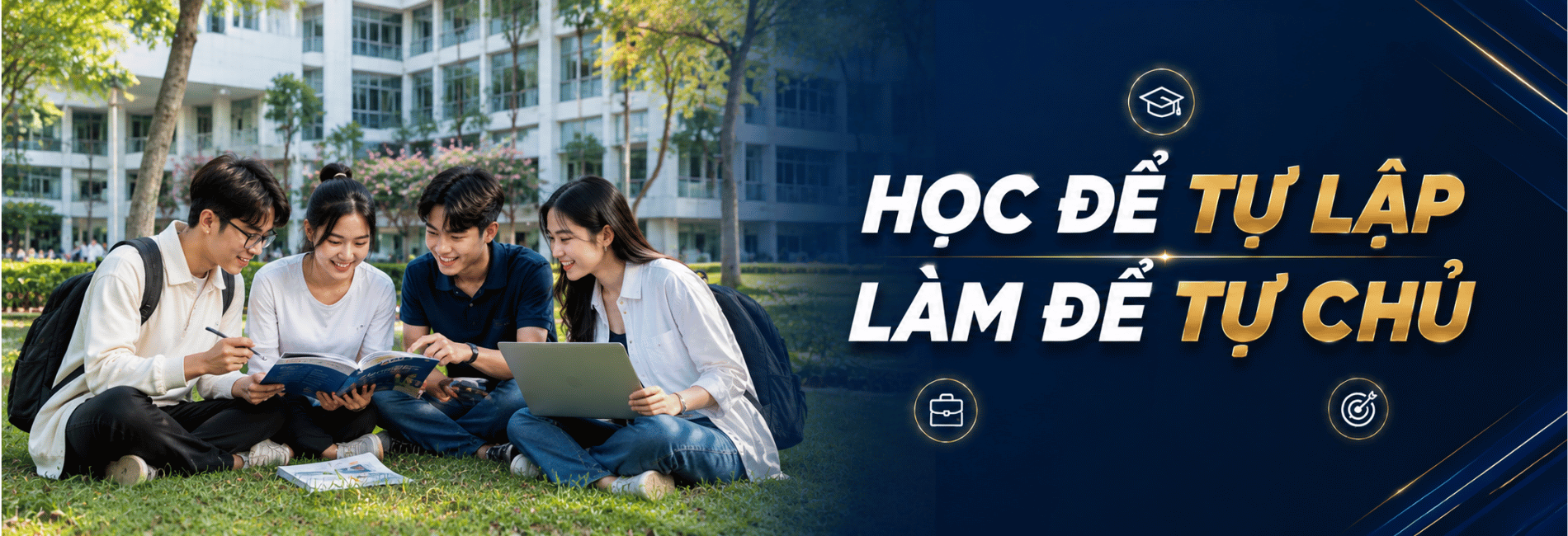 Học để tự lập, làm để tự chủ – nhóm sinh viên học nhóm trên bãi cỏ khuôn viên trường
