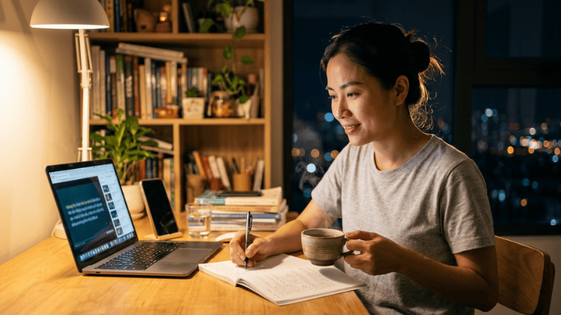 Người đi làm học đại học từ xa online tại nhà vào buổi tối