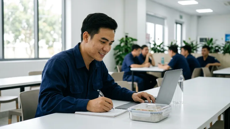 Kỹ thuật viên nhà máy học liên thông đại học từ xa trên laptop trong giờ nghỉ giữa ca