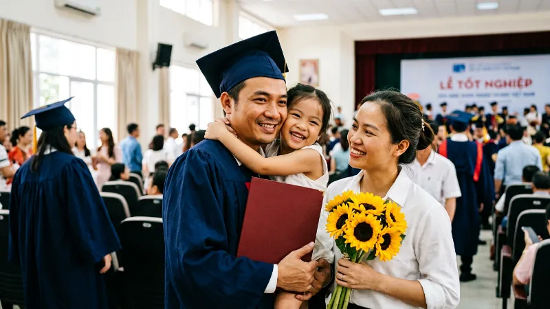 Người đi làm nhận bằng cử nhân trong lễ tốt nghiệp đại học từ xa cùng vợ và con gái