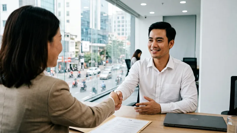 Ứng viên có bằng đại học từ xa bắt tay nhà tuyển dụng sau buổi phỏng vấn xin việc