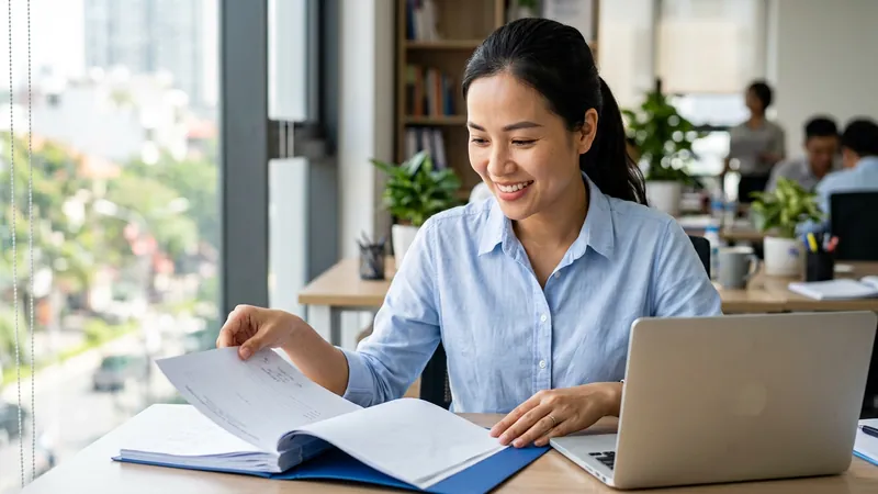 Nữ nhân viên văn phòng xem lại tập hồ sơ để chuẩn bị đăng ký học văn bằng 2 đại học từ xa