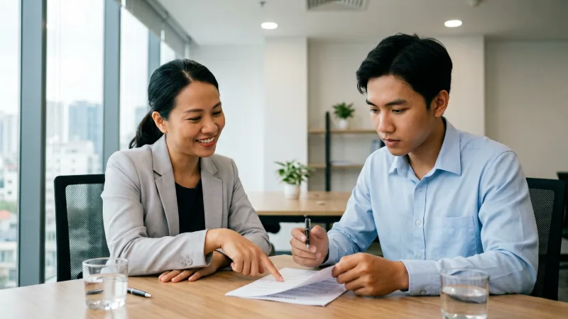 Nhân viên nhân sự giải thích điều khoản hợp đồng lao động cho người mới đi làm
