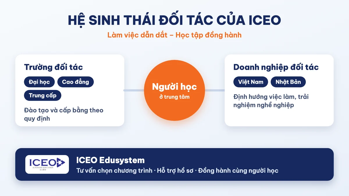 Sơ đồ hệ sinh thái đối tác của ICEO: trường đối tác đào tạo và cấp bằng, doanh nghiệp đối tác định hướng việc làm, ICEO tư vấn và đồng hành cùng người học