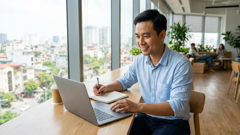 Nam nhân viên văn phòng tranh thủ giờ nghỉ trưa học đại học từ xa online trên laptop và ghi chép vào sổ