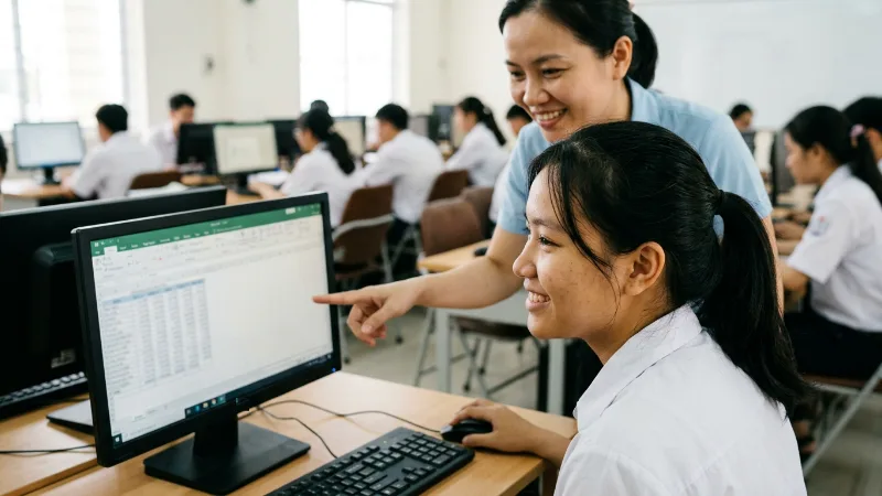 Giáo viên hướng dẫn nữ học sinh trung cấp thực hành bảng tính trong phòng máy