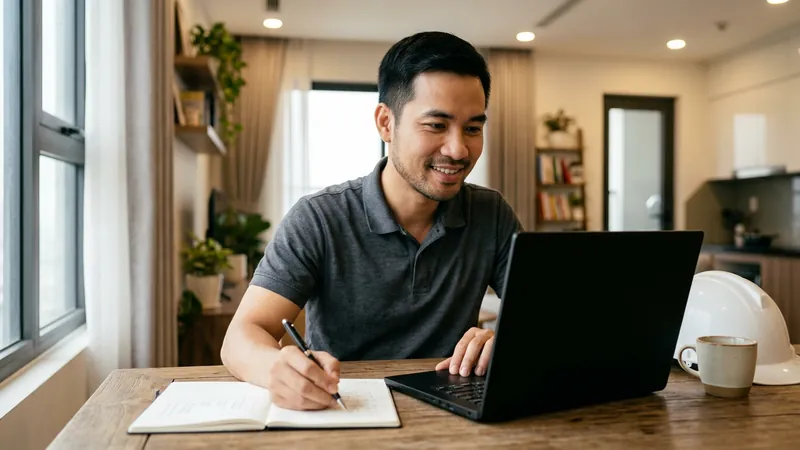 Nam kỹ sư học online ngành quản trị kinh doanh tại nhà, bên cạnh là mũ bảo hộ lao động