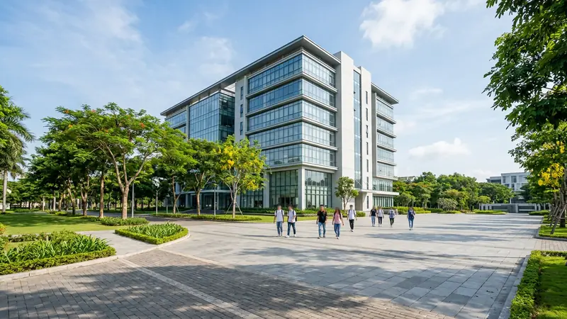 Khuôn viên một trường đại học hiện đại với toà nhà kính, hàng cây xanh và sân rộng