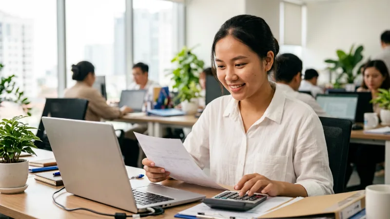Nữ nhân viên kế toán trẻ kiểm tra hóa đơn bằng máy tính cầm tay tại văn phòng