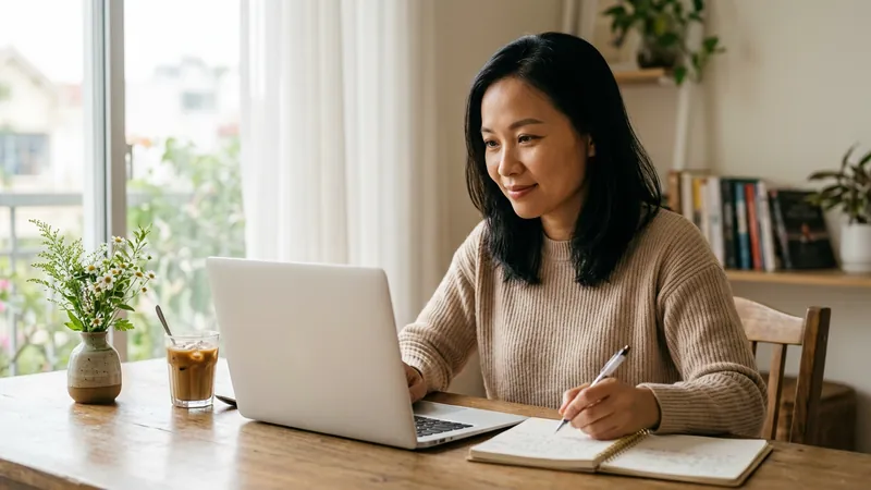 Người phụ nữ tự học đại học từ xa tại nhà vào buổi sáng, vừa xem bài giảng trên laptop vừa ghi chép
