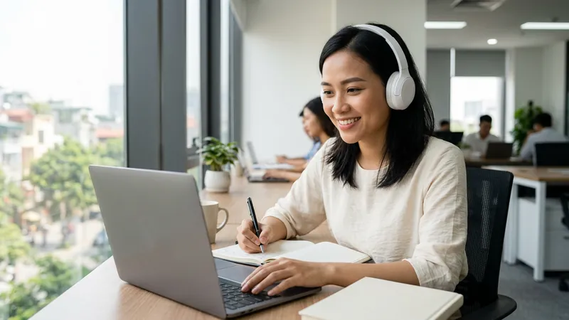 Nữ nhân viên văn phòng đeo tai nghe tự học ngoại ngữ online trên laptop và ghi chép vào sổ
