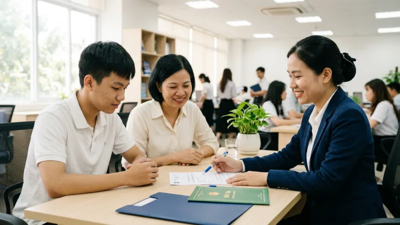 Chuyên viên tư vấn hướng dẫn mẹ và con trai chuẩn bị hồ sơ xét tuyển cao đẳng
