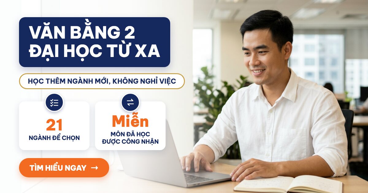 Banner Văn bằng 2 đại học từ xa: học thêm ngành mới không nghỉ việc, 21 ngành để chọn, miễn môn đã học được công nhận; nam kỹ sư học online trên laptop