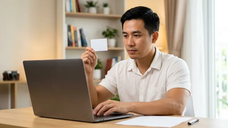 Nam học viên giơ thẻ căn cước trước camera laptop để xác thực danh tính khi làm bài kiểm tra trực tuyến